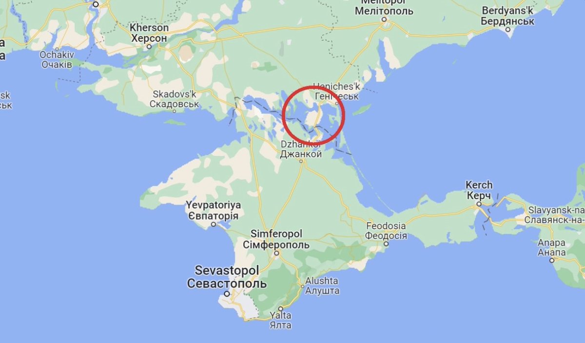 ChuckPfarrer's tweet photo. EXPECT DELAYS:   Ukrainian forces struck the strategic Chongar Bridge — the key road link crossing the Syvash strait near the village of Chongar. It was the eastern link from the mainland to Crimea-- and a  primary Russian logistics artery for fuel, ammunition, troops & equipment to occupied southern territories.