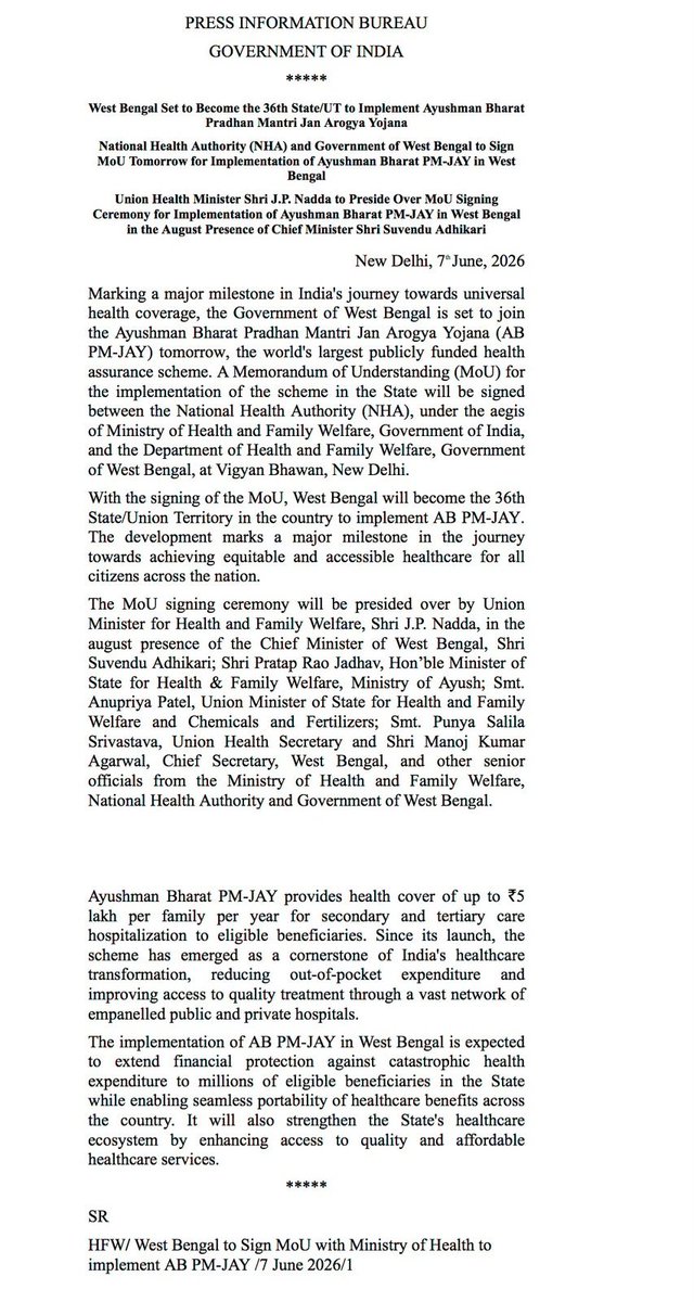 PTI_News's tweet photo. West Bengal is set to become the 36th State/UT to implement the Ayushman Bharat Pradhan Mantri Jan Arogya Yojana (AB PM-JAY).

The National Health Authority (NHA) and the Government of West Bengal will sign an MoU tomorrow for the implementation of AB PM-JAY in the state.

Union Health Minister JP Nadda will preside over the MoU signing ceremony in the presence of West Bengal Chief Minister Suvendu Adhikari.