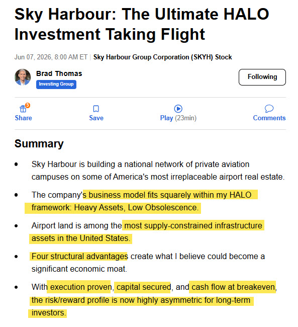 bradthomas's tweet photo. Most investors see $SKYH as a hangar company.

I see a company assembling 50-year claims on some of the most irreplaceable airport real estate in America.

The thesis isn't private jets.

The thesis is scarcity. No new airports. More aircraft.
Larger aircraft. Growing demand for modern hangars.
That's a HALO asset. $SKYH 

(Read my article on Seeking Alpha)