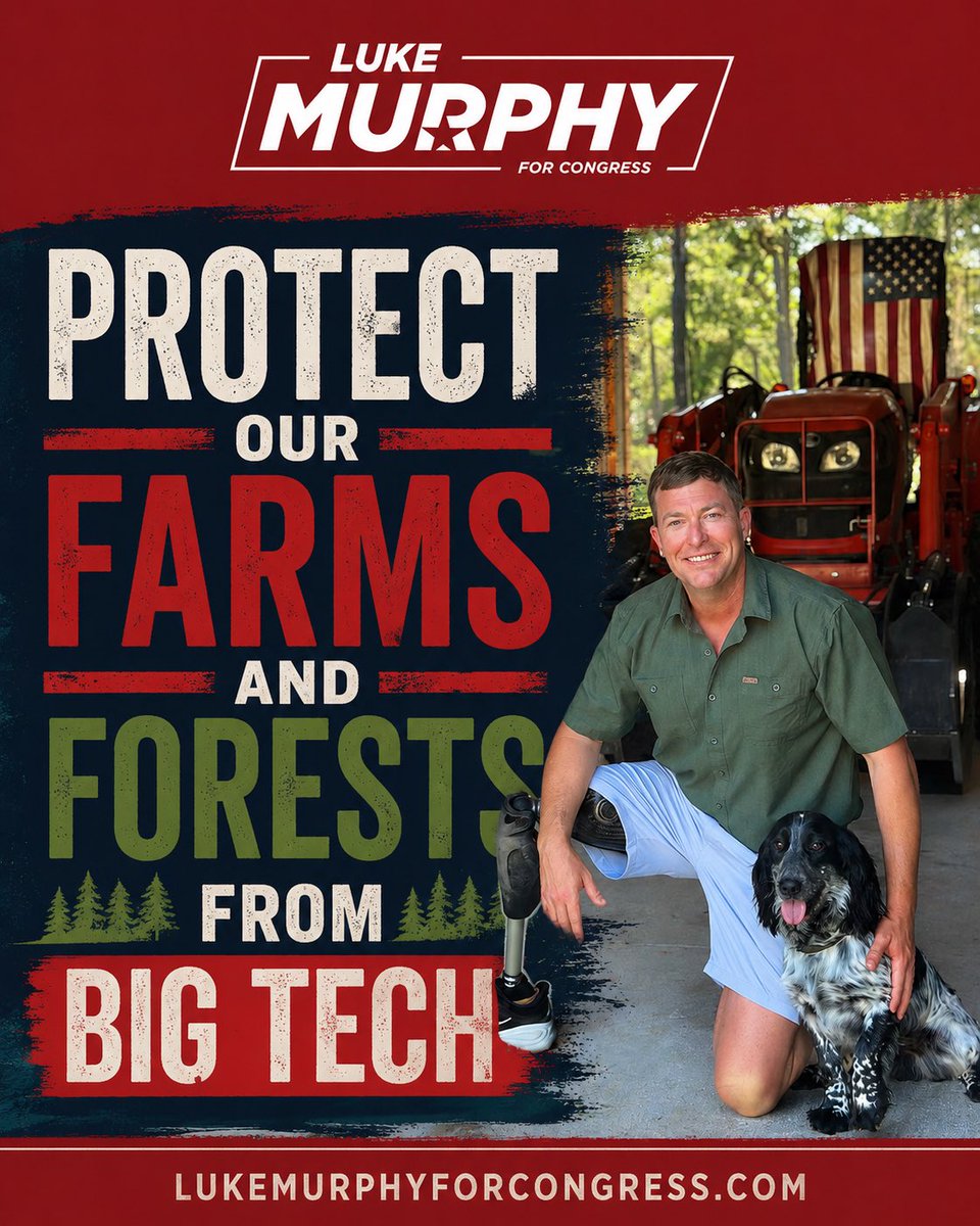 LukeMurphyFL's tweet photo. Big Tech wants more land. Rural Florida families like mine want to keep their way of life.

I’m standing with farmers, landowners, and local communities who don’t want massive data centers reshaping North Florida without their consent. Growth should serve our people - not the other way around. #FL02

Join Team Murph ➡️: https://t.co/iERvRwbipa