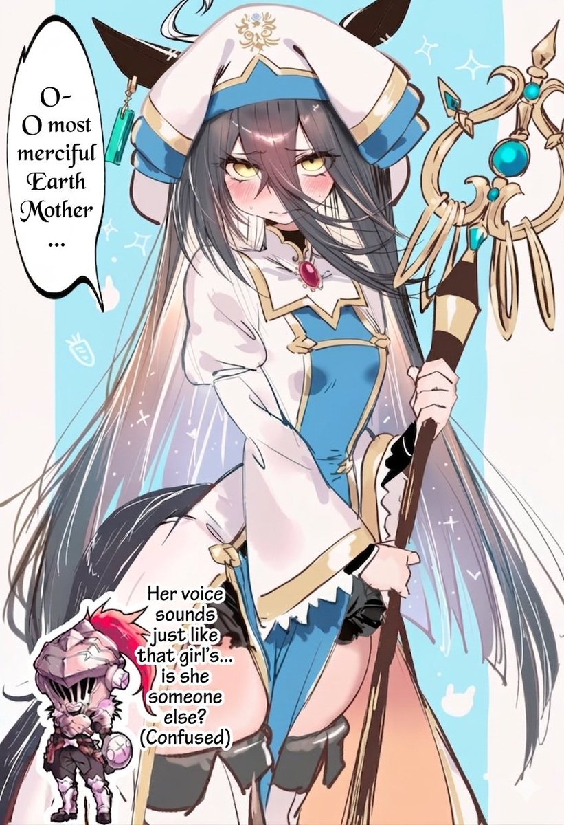 CRaleigh79's tweet photo. "A cleric that seems more likely to be in charge of physical attacks than healing."

(Manhattan Cafe and the Priestess from Goblin Slayer share the same voice actor, Yui Ogura) https://t.co/5q8MI1L6sP