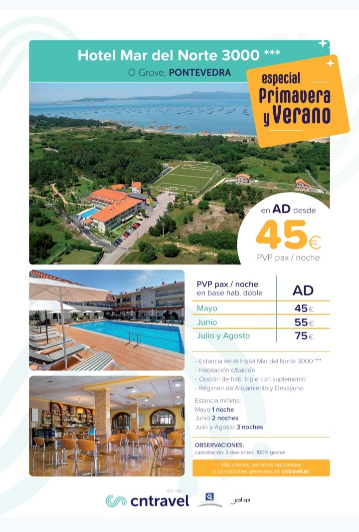 argarviajes's tweet photo. Hotel Mar del Norte 3000 3* (@apartamento3000), Pontevedra, San Vicente de O Grove (junio a agosto con @cntravel_).
#turismo #ogrove #pontevedra #galicia #hotelmardelnorte #viajes #agenciasdeviajes #ArgarViajes
Información: https://t.co/2J1I7bYH0S, 950 649 803-651 617 207 https://t.co/invQOvu4Ti