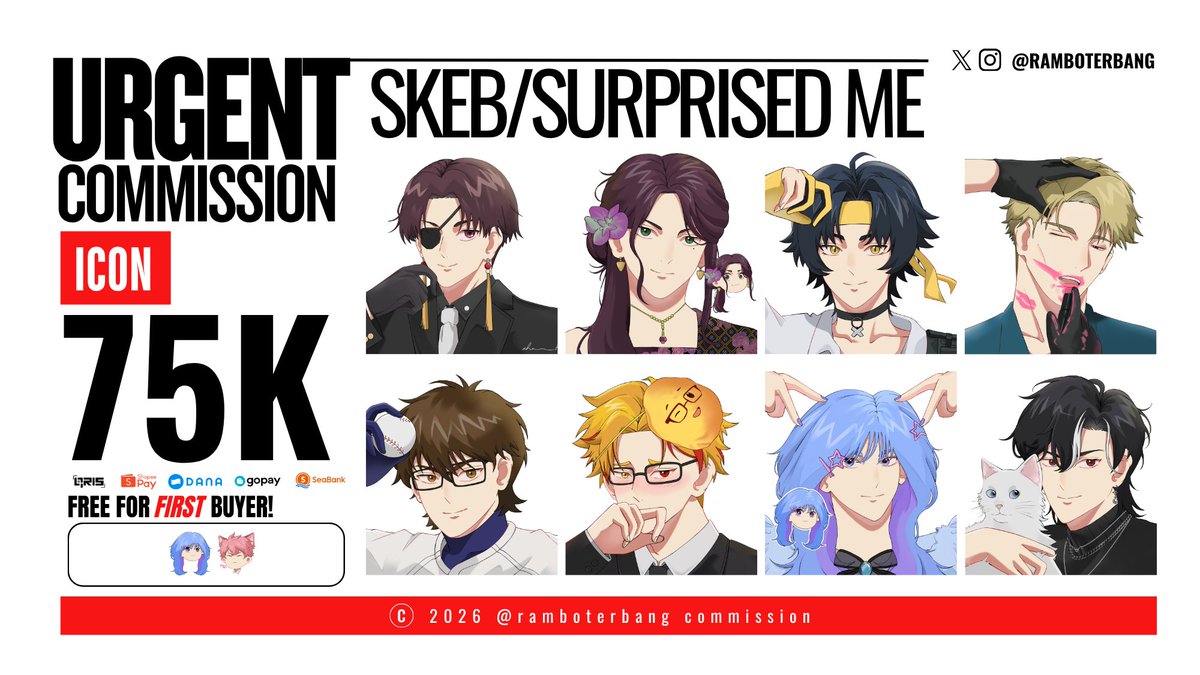 ramboterbang's tweet photo. URGENT COMMISSION - SKEB/Surprised Me 
[🔄 &amp; ❤️ are appreciated!]  

Halo! Ahn buka urgent comms SKEB untuk style dibawah for local only (🇮🇩). Baca ketentuan-nya di bawah ya. 

DM for order (mention after DM)
#commissionopen #commisart #zonajajan https://t.co/iuvTsS8ZlN