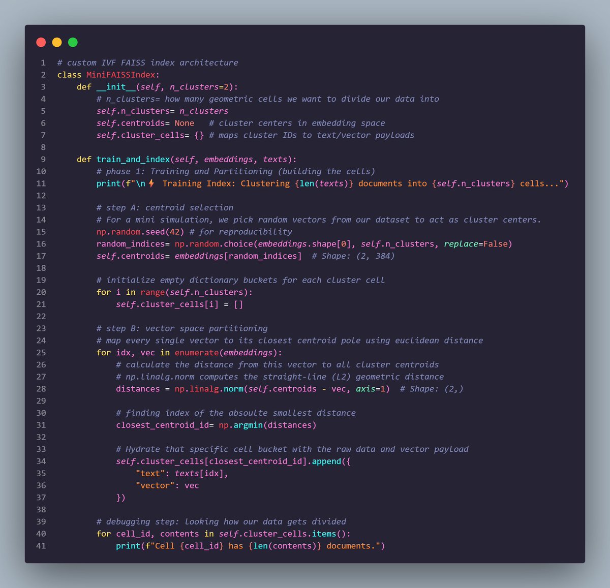 BhomiRija64986's tweet photo. Day 7 of #60DaysOfLearning2026
Built a Mini-FAISS Engine from scratch!
• Custom IVF index using raw NumPy
• Vector Space Partitioning & ANN search
• Decoupled search speed from DB size (skips 50% of data)
#LSPPDay7 #VectorDatabases #LearningWithLeapfrog @lftechnology https://t.co/0Hi89wQKbF