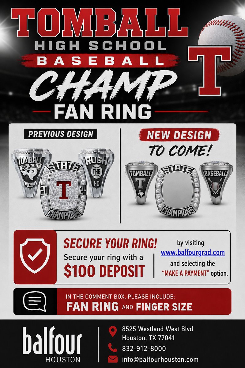 TomballISD's tweet photo. 💍🏆 A Championship Season deserves Championship Hardware.

Secure your @TISDTHS Baseball Fan Ring today!

Visit https://t.co/oaBFeHVkkb and select "Make a Payment" option.

⚾️ 43-1-1
🏆 State Champions https://t.co/UMyNvULhgH