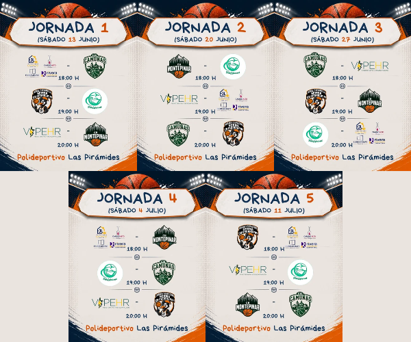 cbvillaca's tweet photo. 🏀 ¡Arranca la Liga de Verano de Baloncesto 2026! ☀️🔥

Ya está disponible el calendario completo 📅
En las imágenes podéis consultar las 5 jornadas.

📍 Todos los partidos se jugarán en el Polideportivo Las Pirámides.

¡Os esperamos! 💪🏀 https://t.co/uVIu4DH6Kk