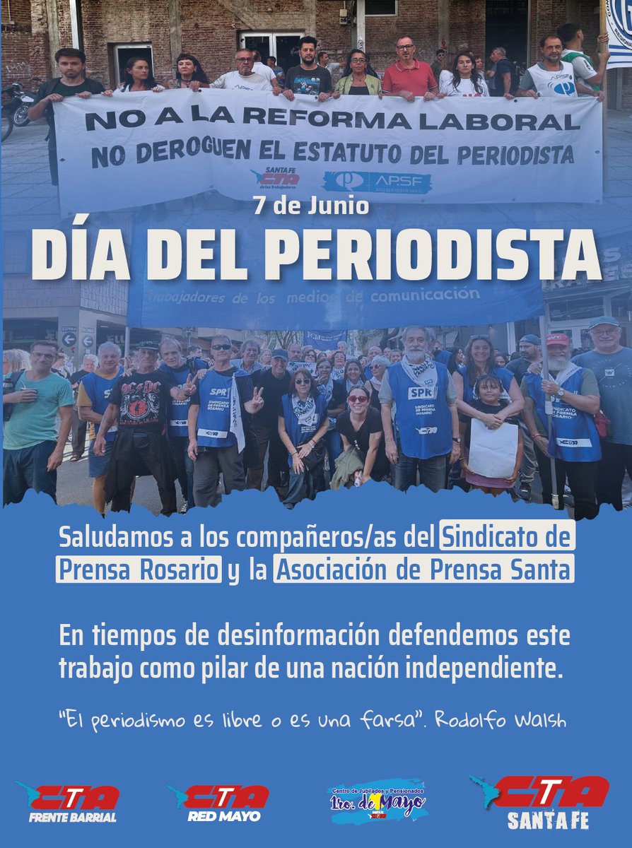 JoseTestoni1's tweet photo. En tiempos donde se silencian realidades, el periodismo comprometido es trinchera fundamental para la democracia. Desde la CTA Santa Fe saludamos a las y los periodistas en su día. Gracias por visibilizar las luchas del pueblo trabajador y sostener el derecho a la información. https://t.co/IoOuSQrLFf