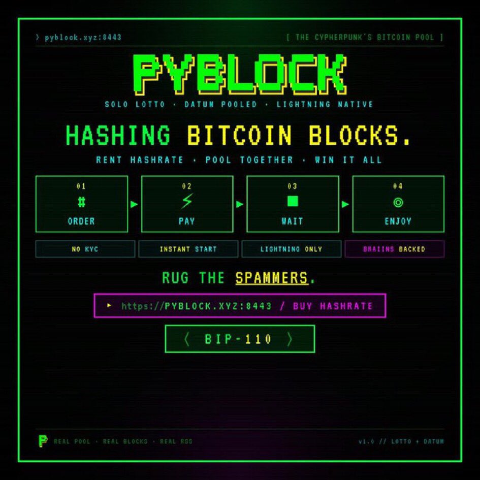 _PyBlock_'s tweet photo. Q: How does the #HashParty work?
PyBLØCK: Very simple, point your miners to either of our two Stratums at https://t.co/S9Pgf0sS0b
Q: What if I don't have miners?
PyBLØCK: Very simple, buy Hashrate with Lightning and you'll be mining in 3 minutes at https://t.co/qGKdIvX5Tz https://t.co/WQquMf2oJt