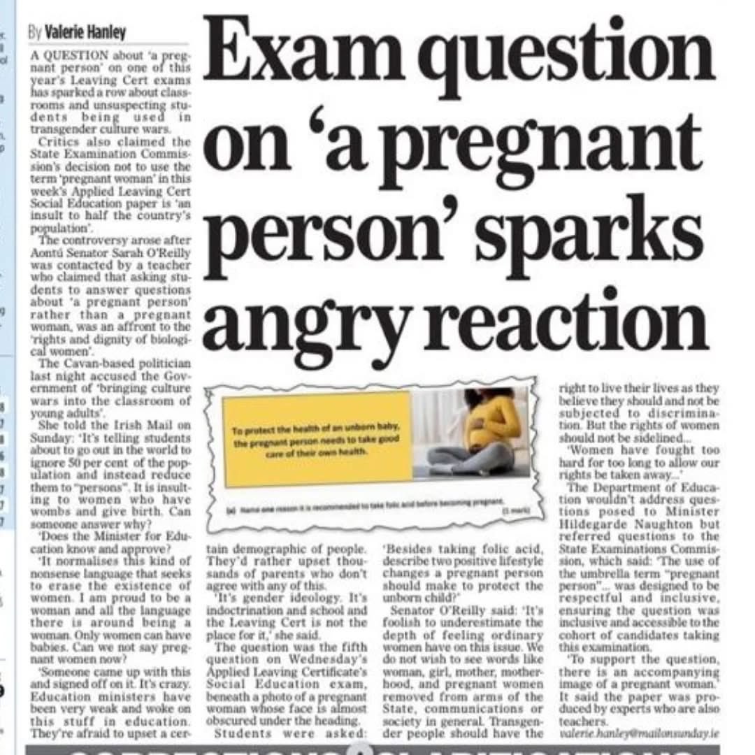 sarahreilly30's tweet photo. WE ARE PREGNANT WOMEN 🤰

A teacher brought this exam question to my attention.State examinations should reflect scientific fact, not ideology.People understand that only women can become pregnant, yet an official exam paper chose to use the term "pregnant person"This has to stop https://t.co/Lz8opJHSaQ