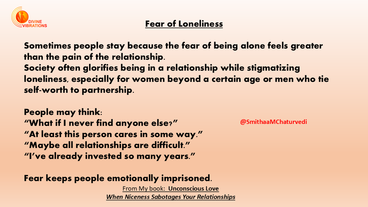 Divine_Smithaa's tweet photo. Why do so many people stay in relationships that hurt them?
What fear has kept you holding on longer than you should?

Excerpt from my book Unconscious Love: When Niceness Sabotages Your Relationships ❤️

#UnconsciousLove #RelationshipHealing #FearOfLoneliness #PeoplePleasing https://t.co/4PAbA9G8P9