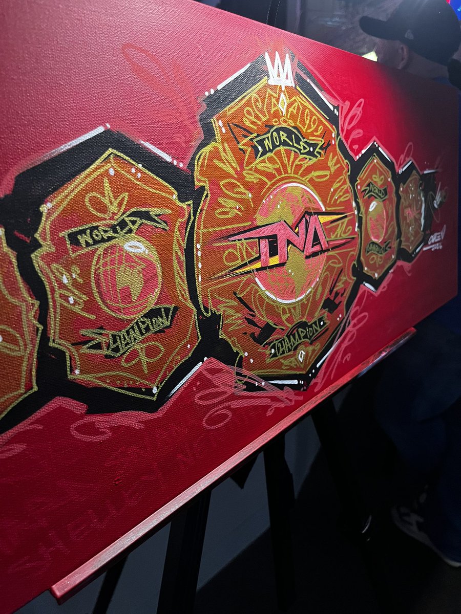 DaveyPainting's tweet photo. This painting came out great in my eyes. Really let loose, captured the energy. Proud of this one. Faded in the background are the names of every single TNA/Impact champion to hold the title, with the newest version of the title shining bright. 

DM if interested in purchase. https://t.co/cD48jBXJRG