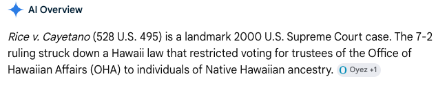 B1blackguy's tweet photo. @bdubbs25 ok, let's walk this through step by step. Maybe I'm missing the correlation between a Voting Rights case and lineage specific governmental remedies that address past grievances. This is the general conclusion of Rice vs Cayetano, according to most law/web sources. https://t.co/PdII1564Xw