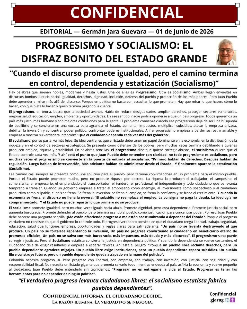 Gjarag's tweet photo. El progresismo y Socialismo: El Disfraz Bonito del Estado Grande.  @Yanelda @JuanLozano_R @JoseMAcevedo @darcyquinnr @lafm @lasillavacia @CaracolRadio @AbelardoPTE https://t.co/2ewCK4XPFh