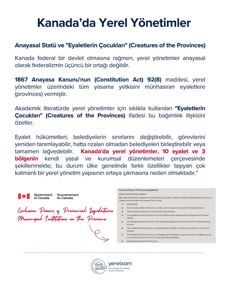 yerelsam's tweet photo. Kanada Yerel Yönetim Sistemi,

Anayasal olarak federalizmin bir ortağı sayılmayan ve literatürde "Eyaletlerin Çocukları" (Creatures of the Provinces) olarak adlandırılan Kanada belediyeleri, katı bir eyalet vesayeti ve sınırlı mali enstrümanlar altında faaliyet göstermektedir. https://t.co/vcsIuysU64