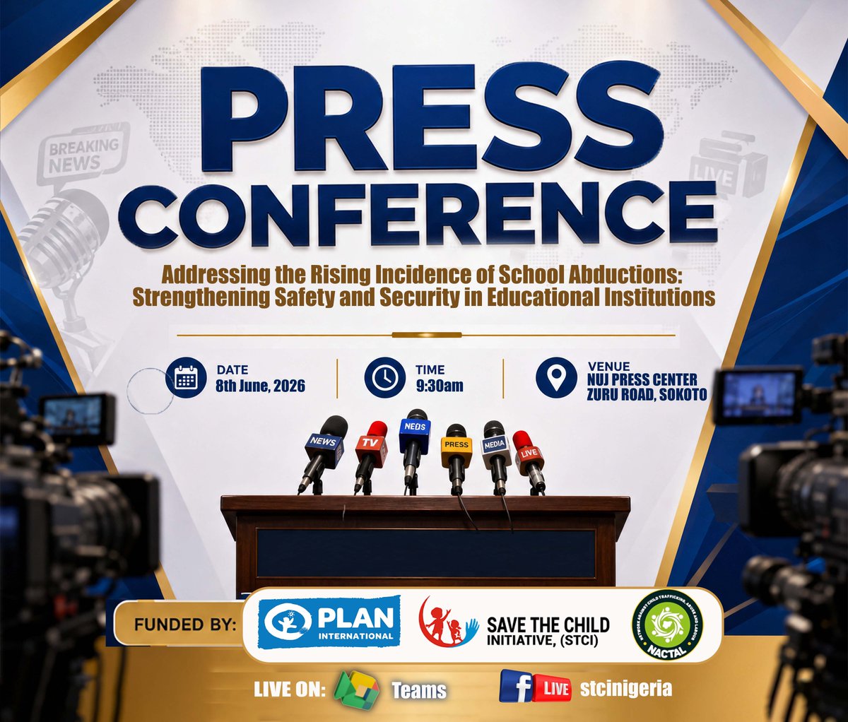STCINigeria's tweet photo. 🎙️ PRESS CONFERENCE ALERT

Connect virtually on teams with the link below👇
https://t.co/4fNXU446dM

Together, we can build safer schools and secure brighter futures for every child.

#ChildProtection #STCI #EducationForAll #ProtectEveryChild  #PlanInternational
#NACTAL https://t.co/7gxeMCeM2d