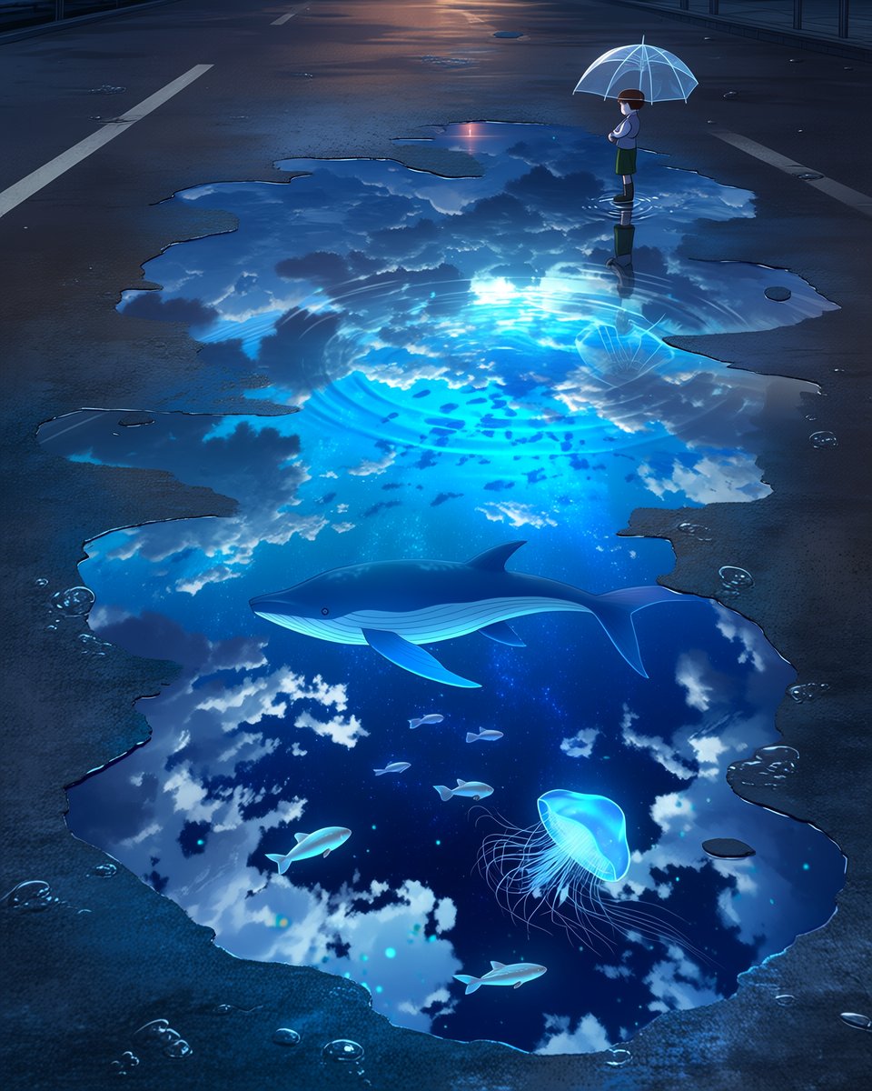 renes1729's tweet photo. 水たまりに、
空が映っていた。

でも、その空は少しだけ違っていた。
雲のあいだを、鯨が泳ぎ、
光るクラゲが静かに漂っていた。

現実の向こう側にある、
もうひとつの海。

#reflectionmoon https://t.co/SC4CcjF8wJ