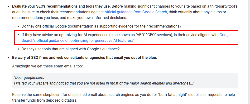rustybrick's tweet photo. Google's hiring an SEO help document updated to warn about generative AI optimization and using third-party tools https://t.co/p3hjhidDSY https://t.co/9YZEd7XAFe