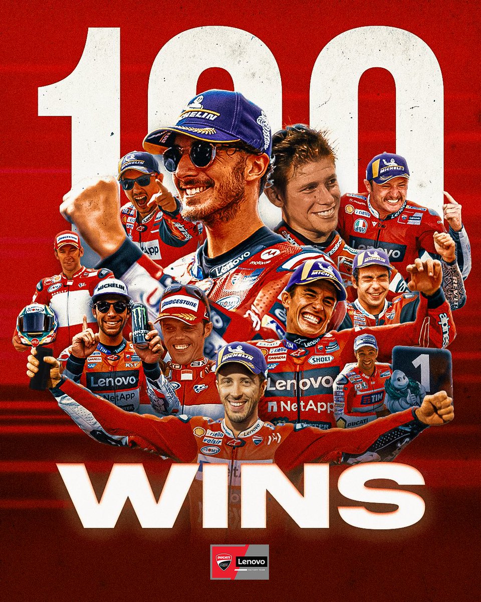 ducaticorse's tweet photo. 🔴🔴🔴 
3 Legends. 3 Milestones. 
Three times 100. 
 
@DucatiMotor centenary 1926-2026
#DucatiLenovoTeam victory 100
@marcmarquez93 career win 100
 
One red heart and history in the making.
#CatalanGP 2003 - #HungarianGP 2026 🇭🇺
 
#Ducati100 #ForzaDucati https://t.co/qDcmpVDS5U