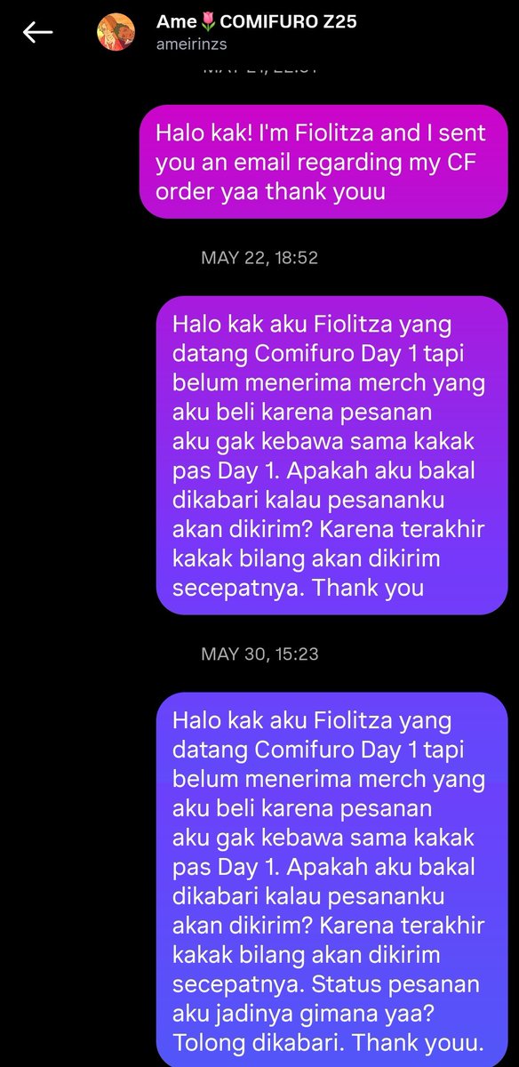 jeonghaniyoo_ng's tweet photo. Tapi sampai sekarang saya belum menerima kabar/kejelasan tentang orderan saya, yang sudah saya bayar tepat waktu. Saya mencoba approach kakak @Ameirinzosan lewat email, DM instagram, DM X, mention X, tapi tidak ada kabar apapun https://t.co/YsYQljvCXe