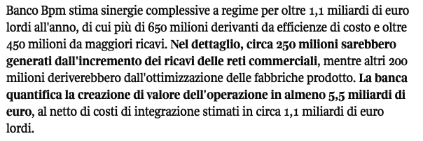 Phastidio's tweet photo. Essendo un merger of equals, immagino si farebbe con una holding con sotto le due banche a brand separati ma costi sinergizzati. Makes sense, almeno sulla carta

Banco Bpm chiama Mps: nasce il progetto per il secondo polo bancario italiano da 50 miliardi https://t.co/75lpoXgmwO https://t.co/cnMhinX0e5