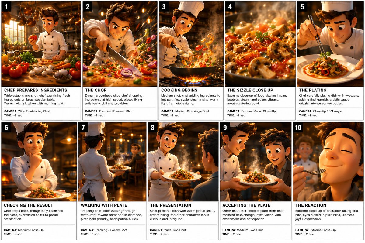 itsshara_ai's tweet photo. Gpt Prompt

Create a professional cinematic storyboard with 10 frames in a 2x5 grid layout for an animated film pre-production. Style: charming, warm, Pixar/Disney cinematic animated film storyboard aesthetic. Black and white sketch style with warm golden accent tones. Professional film production storyboard format. Each frame numbered with scene description below.

Frame 1 — CHEF PREPARES INGREDIENTS:
Wide establishing shot, charming cartoon chef standing at large wooden prep table, fresh colorful ingredients spread around him — tomatoes, herbs, garlic, onions, carrots, mushrooms. Chef examining ingredients with focused warm expression, kitchen warm and inviting behind him, copper pots hanging above, soft golden morning light through window. Cinematic wide angle composition.

Frame 2 — THE CHOP:
Dynamic action shot, chef chopping ingredients with skilled precise knife work at high speed, motion lines showing knife speed, vegetable pieces flying upward artistically, chef's expression focused and confident, slight smile showing mastery, dramatic overhead angle showing full prep board, cinematic energy and skill.

Frame 3 — COOKING BEGINS:
Medium cinematic shot, chef standing at stove adding ingredients to large pan, first sizzle moment, steam rising dramatically, chef's face lit warmly from stove flame below, pan handle gripped confidently, ingredients sliding into hot pan in perfect arc, warm kitchen glow, cinematic side angle.

Frame 4 — THE SIZZLE CLOSE UP:
Extreme macro cinematic close-up of sizzling food in pan, ingredients dancing in hot oil, steam rising in beautiful wisps, sauce bubbling perfectly, colors vivid and appetizing, golden light catching every bubble and droplet, cinematic food photography style close-up, mouth-watering detail.

Frame 5 — THE PLATING:
Elegant cinematic shot, chef carefully and artistically plating the finished dish on white ceramic plate, tweezers placing final garnish with precision, sauce artistically drizzled, herbs perfectly placed, intense concentration on chef's face, dramatic spotlight on plate from above, premium restaurant plating style.

Frame 6 — CHECKING THE RESULT:
Intimate cinematic shot, chef stepping back slightly and examining finished plate with critical artistic eye, one hand on chin thoughtfully, head slightly tilted, expression shifting from concentration to proud satisfaction, warm golden light on face, plate glowing in spotlight below, proud moment of creation.

Frame 7 — WALKING WITH PLATE:
Cinematic tracking shot, chef walking confidently through warm restaurant toward another character in distance, plate held professionally at chest height, chef's stride purposeful and proud, warm restaurant bokeh background, other character visible blurred in distance turning toward approaching chef, anticipation building.

Frame 8 — THE PRESENTATION:
Dramatic cinematic wide shot, chef standing before second character presenting dish with warm proud smile, plate revealed with slight theatrical flourish, steam rising from dish beautifully, warm restaurant lighting creating intimate atmosphere, both characters faces visible — chef proud, recipient curious and intrigued.

Frame 9 — ACCEPTING THE PLATE:
Warm intimate cinematic shot, second character's hands carefully accepting plate from chef, moment of exchange captured, both characters in frame, second character's eyes widening slightly with anticipation and excitement, warm golden light on both faces, steam rising between them creating magical atmosphere.

Frame 10 — THE REACTION:
Most emotional frame, extreme close-up of second character's face taking first bite, eyes closing slowly in absolute pure bliss, expression transforming from anticipation to overwhelming joy and delight, warm golden light expanding softly on face, subtle shimmer particles in background, chef visible blurred behind watching with proud smile, perfect emotional finale.

STORYBOARD FORMAT REQUIREMENTS:
Each frame must have frame number top left corner, scene title below frame, brief action description in small text, camera direction note, timing note approximately 2 seconds per frame. Professional pre-production storyboard aesthetic with clean borders between frames. Warm charming animated film tone throughout all frames. No text watermarks.