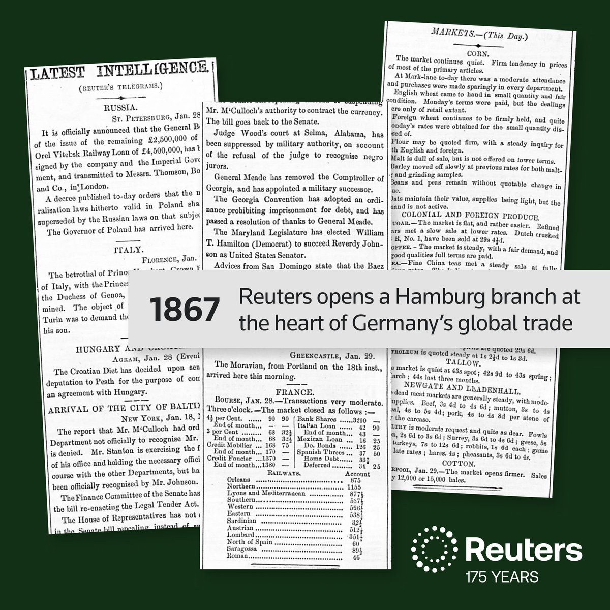 ReutersPR's tweet photo. 1867: Reuters opened a Hamburg branch at the heart of Germany’s global trade, securing a major contract to supply comprehensive political and commercial intelligence. Its telegrams quickly became central to price‑setting for merchants and newspapers alike. #Reuters175 https://t.co/5UtFFK71Zp