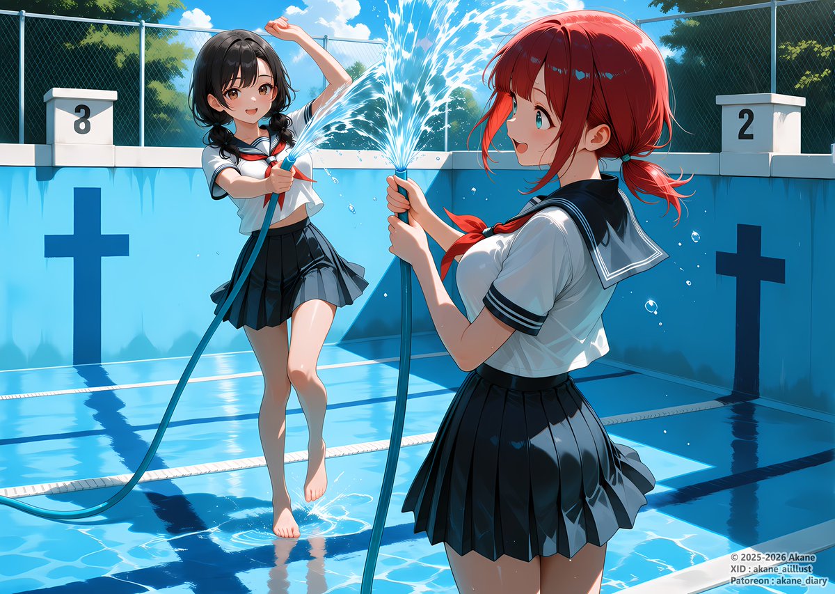 akane_aiillust's tweet photo. 夏のプールで水のかけあいっこ🌊
れなちゃん（@Rena93129）と遊んだ～✨
今年の夏はいっぱい遊ぶぞ😊

SFW. No nudity, no suggestive intent https://t.co/NmAtaSfgy5