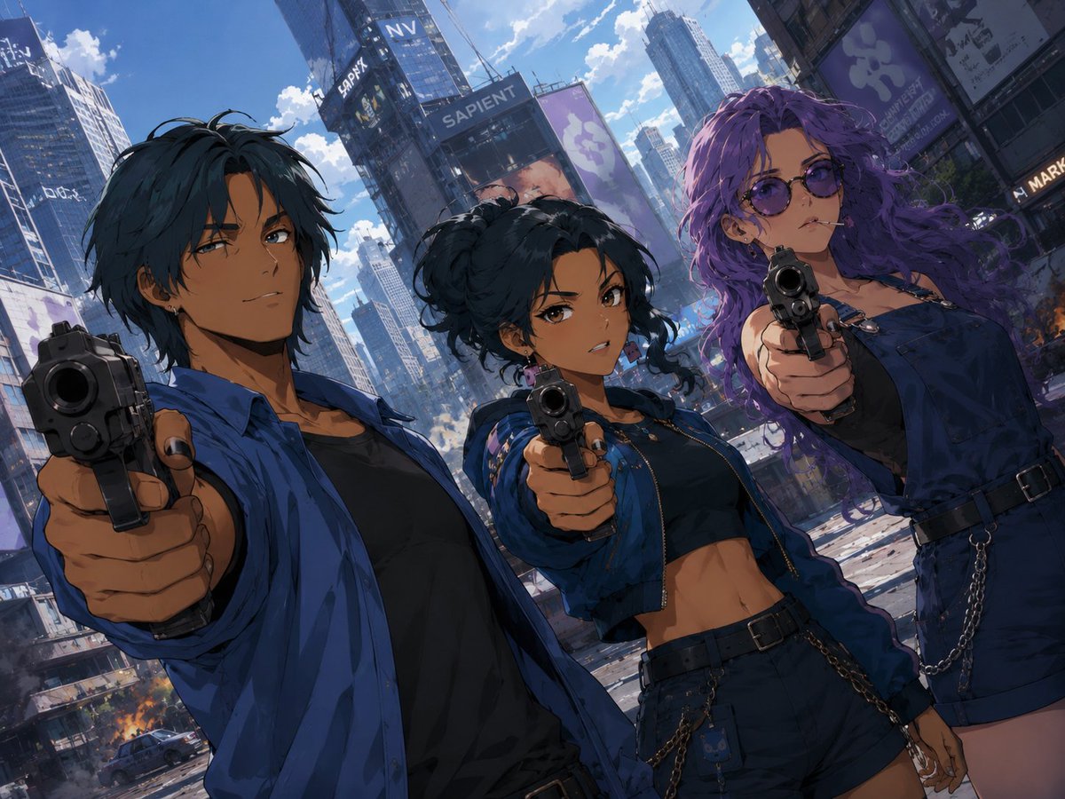 Cyberpunk Trio Gunpoint Scene