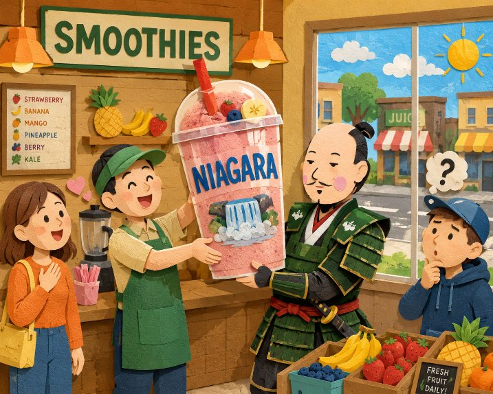 japan_nobunaga's tweet photo. The blender drowned out the world. Above it, the boy asked for a name to write on the cup.

I gave him the one that has outlasted empires.

"Nobunaga."

He nodded, wrote, and set the cup on the line with a shout:

"NIAGARA!"

A waterfall. He had heard the name of a man who burned temples, and written down a honeymoon destination.

(For one breath, eight hundred years went over the edge with it.)

I let it stand. His face was far too pleased to wound.

"Yes," I said. "Niagara."

And if I was to be named for a waterfall, then I would do what waterfalls do. I would give everything, and keep none of it.

Be like the falls: pour out all you have, hold nothing back, and ask for none of it in return.

So I carried my smoothie like a man entrusted with a river. I wiped a spill before a toddler could slip in it. I righted the napkin tower an old man had knocked askew. When a teenager came up a dollar short and went red to the ears, I covered it before the line could notice, and told her, gravely, that the House of Niagara does not let small droughts go unanswered.

She laughed. She had no idea what I meant. Neither, in full, did I.

A woman watched me return three carts and bow to the door on my way out.

"Sir — are you alright?"

"I have never been better," I said. And it was true. It is a fine thing to have a name to live up to.

At the threshold I raised my cup to the little shop and said, with the weight of a man who has stood beneath real waterfalls:

"A name falls on you from above. All that matters is whether you catch it with both hands."

The boy behind the counter grinned. "...come back soon, Niagara."

I will.

You cannot choose what they pour on you. Only how you carry the water.
