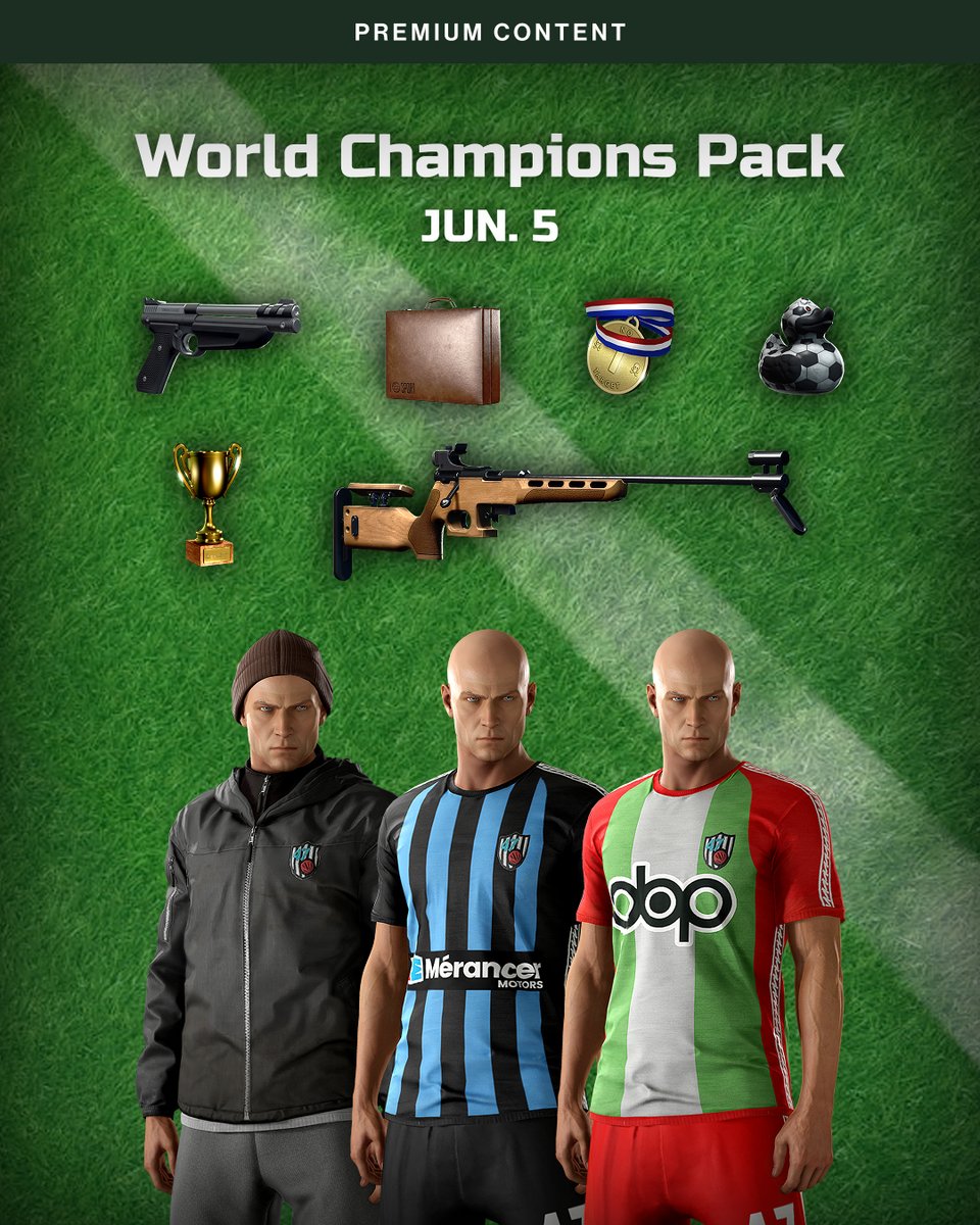 Hitman's tweet photo. Celebrate your favorite sporting events with the new World Champions Pack! ⚽🥅

Includes all-new sport themed outfits and items.

https://t.co/hZqQUFxog9

#HITMAN #Agent47 https://t.co/Dn0k1Tz2Gq