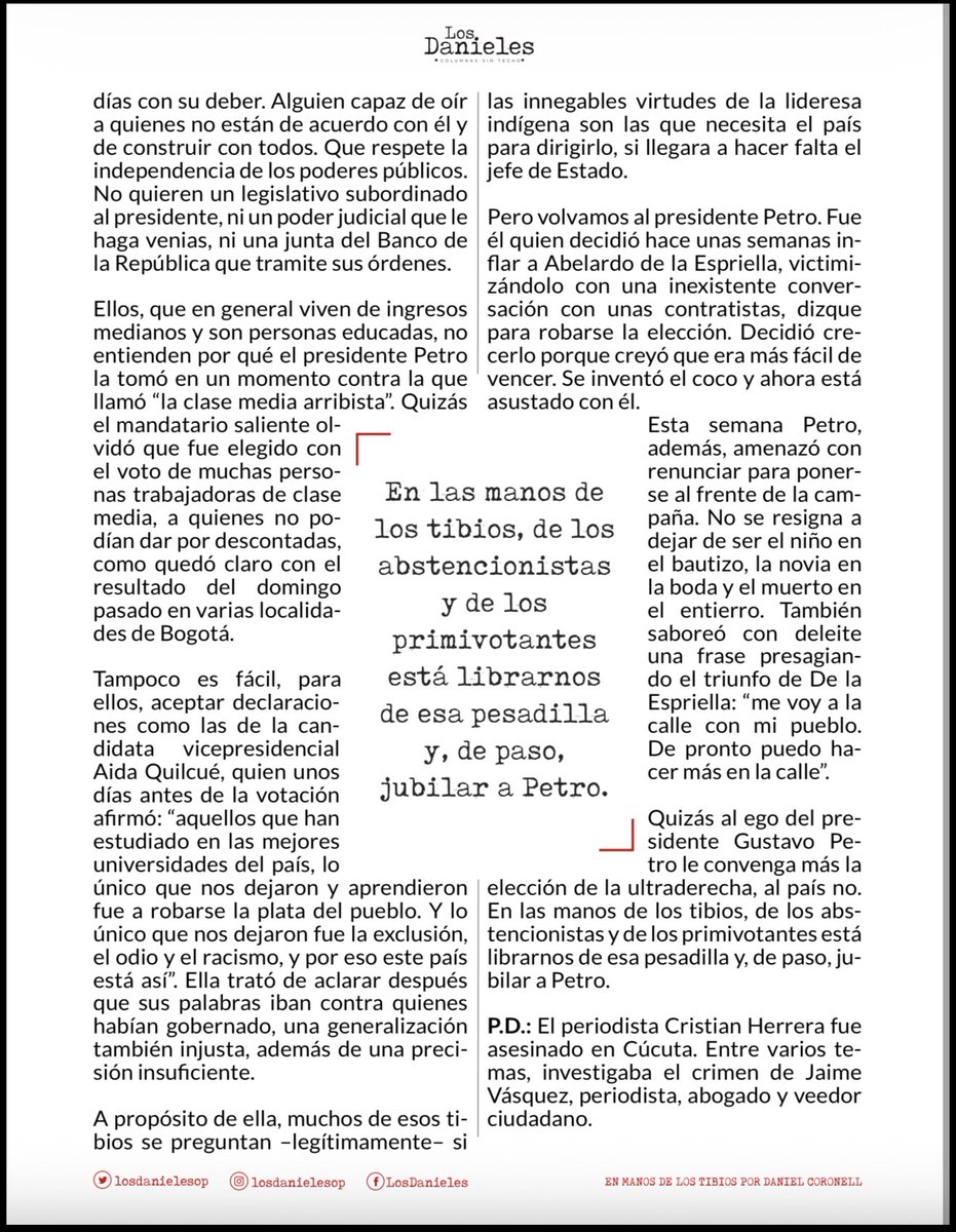 CamiVillalba83's tweet photo. El artículo refleja una visión crítica sobre el papel de Petro en la campaña, pero también muestra que la elección dependerá de la capacidad de los candidatos para convencer a los votantes con propuestas y resultados.
#EnManosDeLosTibios de @DCoronell @losdanieles https://t.co/8nin9m2k8C