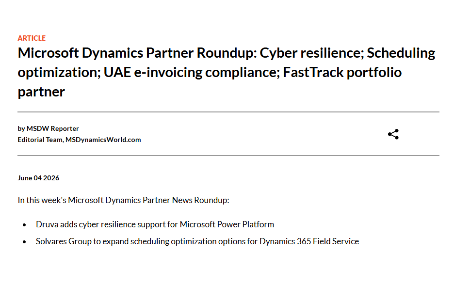 msdynamicsworld's tweet photo. #Microsoft Dynamics Partner Roundup: Cyber resilience; Scheduling optimization; UAE e-invoicing compliance; FastTrack portfolio partner. https://t.co/4b0FXm2ABe https://t.co/6DfdwwbRd5