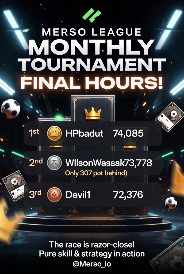 SatoshisGoal's tweet photo. Merso League Monthly Tournament Final Hours  The competition has been nothing short of spectacular this month. As the tournament nears its thrilling conclusion, the leaderboard showcases true skill, strategy, and dedication:

1st: HPbadut – 74,085 points

2nd: WilsonWassaki – 73,778 points (just 307 points behind the leader)

3rd: Devil1 – 72,376 points

  This razor-close race perfectly captures what makes Merso so engaging: every match, every card decision, and every tactical choice matters. It’s not just about points it’s about the pure enjoyment of competing at the highest level outsmarting opponents, and experiencing the monthly journey with the community.Whether you’re a seasoned player or discovering Merso for the first time, these final hours prove why this game delivers nonstop excitement month after month.Last chance to jump in, climb the ranks, or simply enjoy the drama unfold!  Play now → @Merso_io 

  Who’s your pick to take the crown? Drop your predictions below 
  #MersoLeague #FootballCards #PlayToEarn #GameOn #MersoCommunity