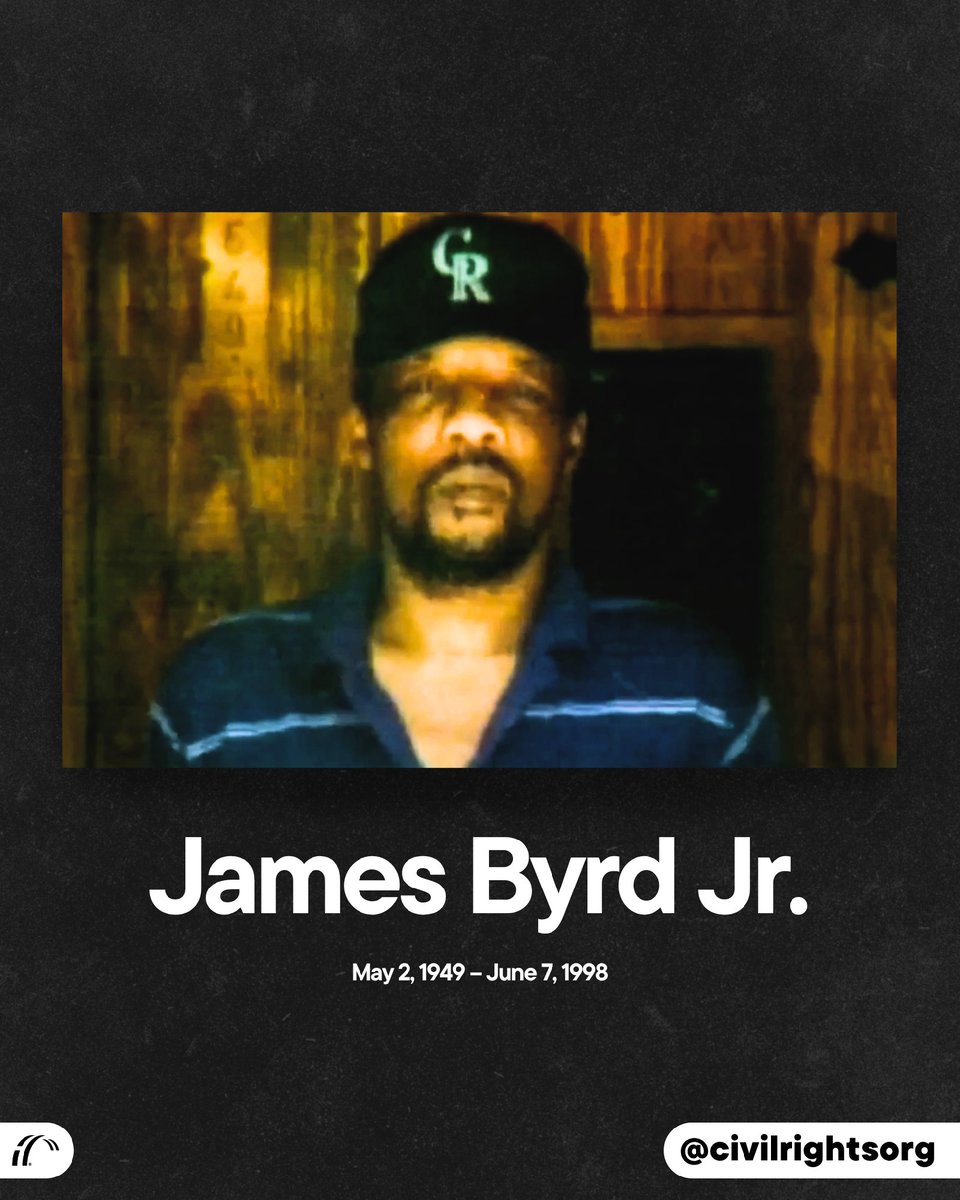 civilrightsorg's tweet photo. Today we remember James Byrd Jr., dragged to his death by white supremacists because he was Black. His murder gave us the Hate Crimes Prevention Act. Sadly, laws aren't enough. As the Trump regime ignores hate-fueled violence, we must demand it enforce them. #JamesByrdJr https://t.co/STIgpVmeVR