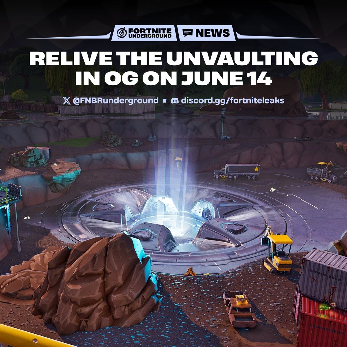 FNBRunderground's tweet photo. Relive the Unvaulting in #Fortnite OG 🔑 

Enter the In-Between and vote to decide which item returns to the OG Island.

🗓️ Sunday, June 14 at 1:55pm ET https://t.co/VZgwVTjORK