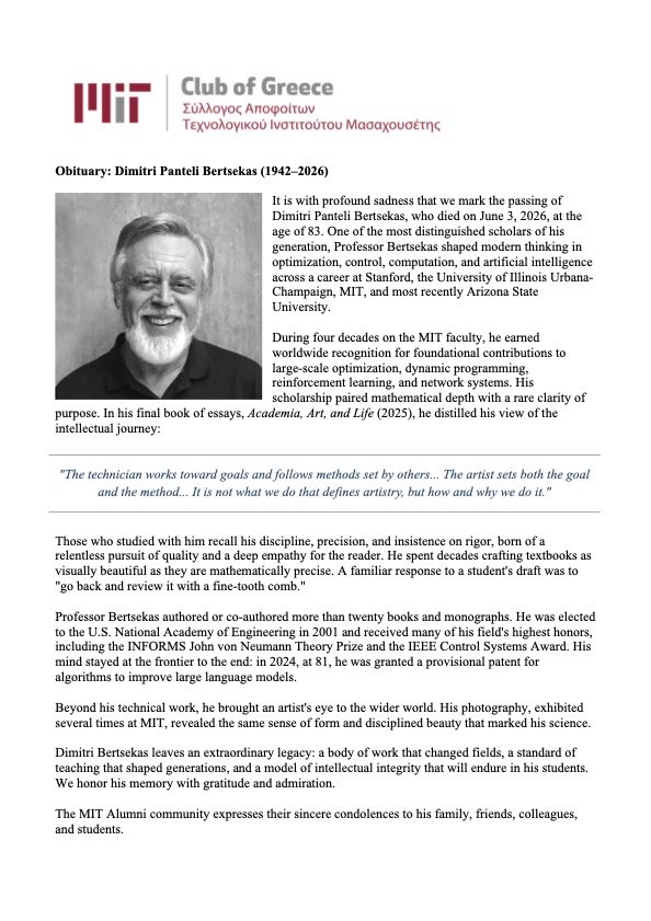 ProfYMI's tweet photo. Friends, Students and Colleagues are mourning the passing of Dimitri P, Bertsekas, a giant scholar and teacher and a wonderful person. I personally have known him for 60 years. A huge loss! https://t.co/hETMbqgT8G