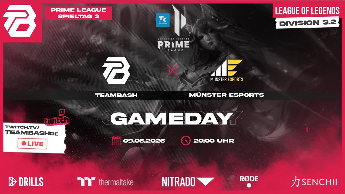 TeamBasH_Gaming's tweet photo. ⚔️ MATCHDAY ⚔️

Es ist bald wieder soweit! 🎮

Wir gehen wieder in die Kluft und geben alles für den Sieg. 💪

🕒 Wann: 09.06. - 20 Uhr
🏆 Gegner: Atruvia @muensteresports 
🎙️ Cast: @prinzessinrena 

Für den ersten Win !
Link zum Stream in den Kommentaren

#Matchday #LeagueOfLegends  #Esports #RoadToVictory #primeleague #div3 #teambashwin