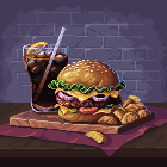 PixelArtJourney's tweet photo. Burger still life from 2023. Maybe time for another one cause I love drawing burgers 😋#pixelart https://t.co/BQYSRFwUXq