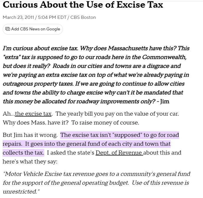 PatsFanEst1986's tweet photo. @Darkmdd A lot of people are sarcastically asking if you like maintained roads and they're dead ass wrong. The excise tax is just another tax without a dedicated purpose.  For reference MA towns collected $364 million in '24.

https://t.co/gvEDJU22md https://t.co/FduZSLMO4f