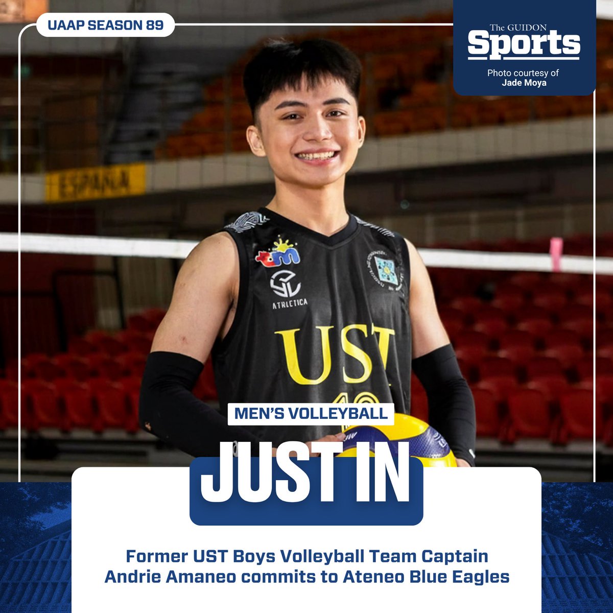 TheGUIDONSports's tweet photo. STARS ALIGN 

Former University of Santo Tomas (UST) Boys Volleyball Libero Andrie Amaneo commits to the Ateneo Blue Eagles for UAAP Season 89. The former team captain led UST to a championship in UAAP Season 87 and a fourth-place finish in Season 88. 

Amaneo has five years of eligibility, making him a timely addition for the Blue Eagles as they prepare for the departure of senior members, including Libero Lance De Castro.

#AteneoVolleyball 
#OneBigFight