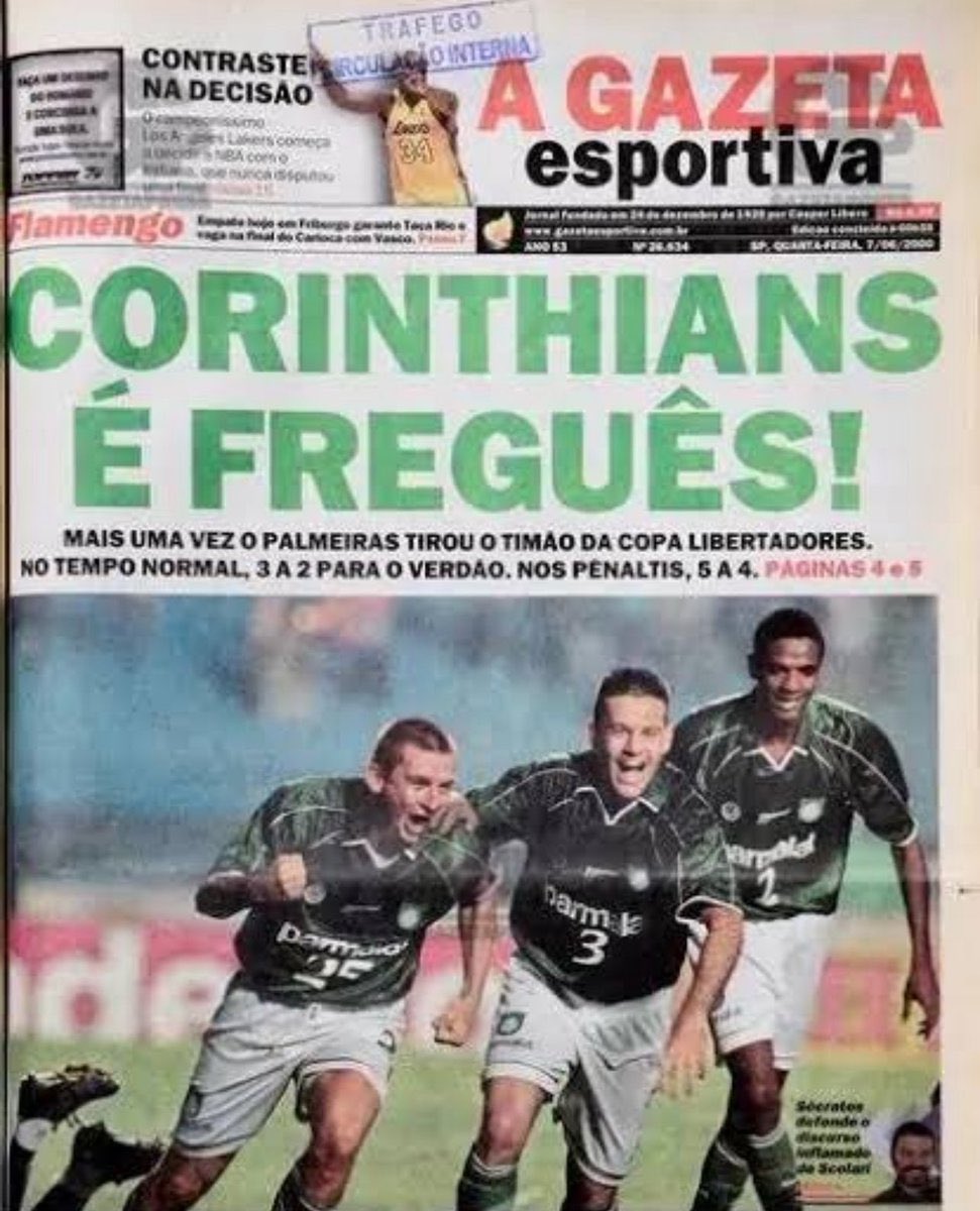 carlosedcatao's tweet photo. 🚨HOJE FAZ 26 ANOS DESSA CAPA DE JORNAL  🗞️ 

A @gazetaesportiva 🗓️ 07/06/2000 NO DIA SEGUINTE DA CLASSIFICAÇÃO DO @Palmeiras PELA SEGUNDA VEZ CONSECUTIVA NA @LibertadoresBR do ano 2000!

✅Em 99 ja tinha dado Palmeiras 
✅Em 2000 mais uma vez nos penaltis sobre o freguês @Corinthians .