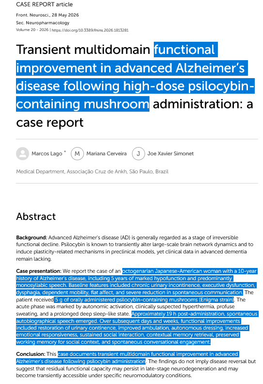 HateTheMachine's tweet photo. Octogenarian Japanese-American woman with a 10-year history of Alzheimer’s disease has functional improvement of (bladder, memory, and speech) following 5g of psilocybin...
https://t.co/qvMY10tIO7 https://t.co/MBOrnjLGqN