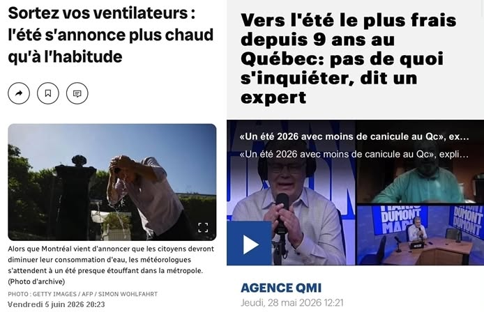 GThibodeau_Mtl's tweet photo. PRÉVISION MÉTÉO / Chaud ou froid ?
Les médias jouent sur les deux tableaux

Le 28 mai, on nous annonçait «l’été le plus frais depuis 9 ans au Québec». Quelques jours plus tard, le 5 juin, Radio-Canada titre : «Sortez vos ventilateurs, l’été s’annonce plus chaud qu’à l’habitude».
Qui a raison ? Ni l’un ni l’autre.

Ce sont deux exemples classiques de journalisme à clics. Une prévision saisonnière légèrement plus fraîche devient «l’été le plus frais depuis 9 ans», tandis qu’une alerte locale à la consommation d’eau (Montréal) se transforme en «été étouffant».

La réalité est plus simple. Les prévisions pointent vers un été près des normales, avec des périodes chaudes, des moments plus frais et de la pluie. Rien d’extrême.

Moralité : prenez les gros titres avec un grain de sel.
Le vrai temps, on le découvrira au jour le jour, comme toujours.