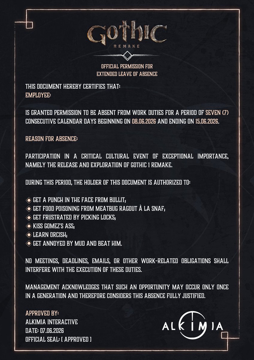 gothicthegame's tweet photo. Gothic 1 Remake has reached 68,000 concurrent players on Steam! 

We know many of you would love to keep playing after the weekend... but Monday is coming. No worries — we've got you covered! Just show this document to your boss and enjoy a full extra week of Gothic adventures! https://t.co/XgkxS5NL5y