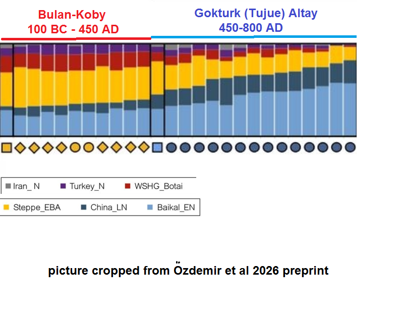 aboutadna's tweet photo. This graph of Özdemir 2026 preprint perfectly shows the East Asian input increase in Altay Göktürks compared to Bulan-Koby (Saka-type) Period. The reason is influx of Xiongnu ancestry via Kok-Pash, first theorized by Daniel Tabin. In simple words: the Göktürks = BK + KP https://t.co/gpn6L6X3oT