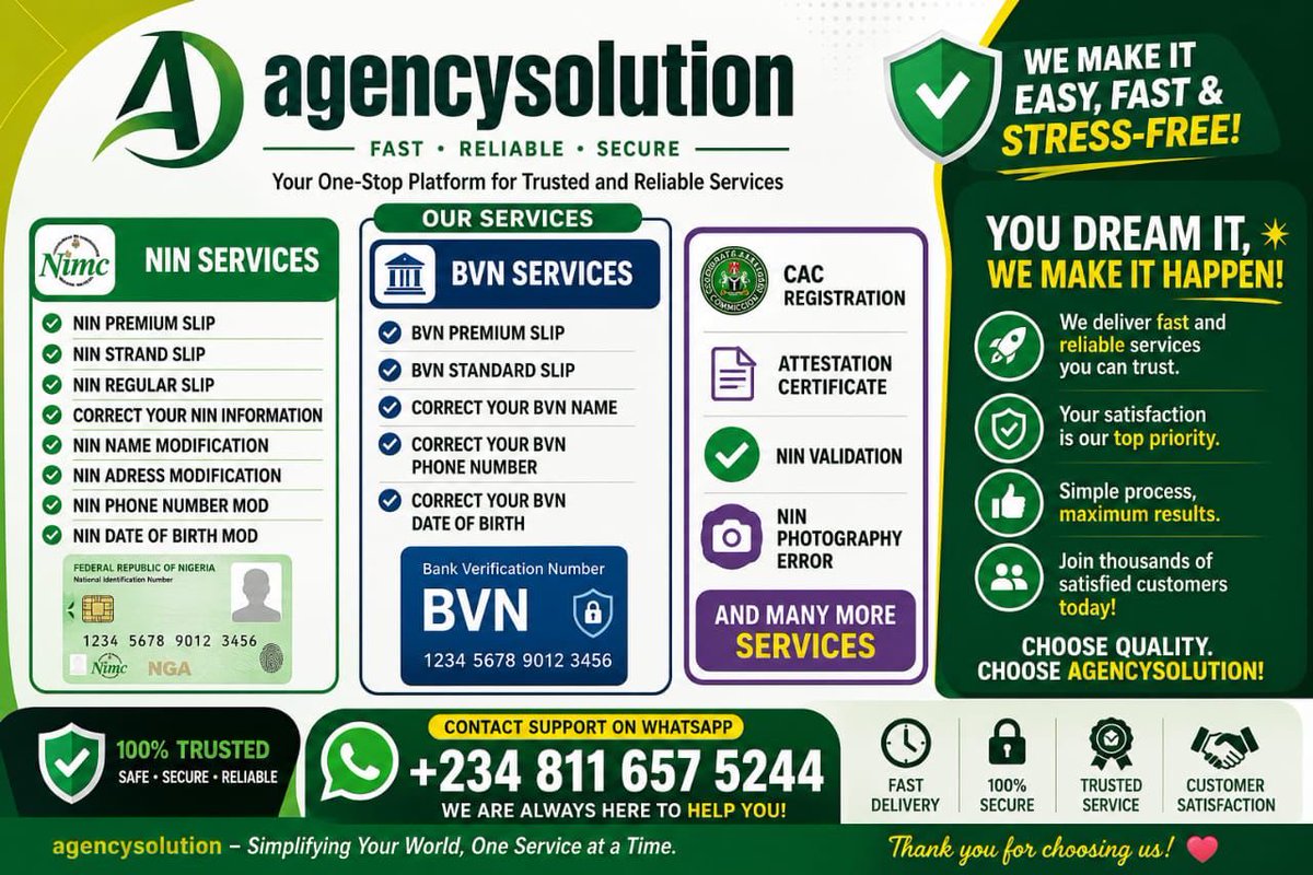 binadam61's tweet photo. introducing a TRUSTED service called Agency Solutions￼

Fast and reliable for:

• NIN — fixing all your issues
• BVN — fixing all your issues

OTHER SERVICES:

• CAC Registration
• Airtime &amp; Data

Click here to register 👇
https://t.co/npbN4vRQ1F https://t.co/VMq8teykFK