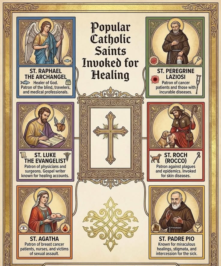 JustAdaugoijele's tweet photo. 6 Saints to Ask for Intercession for Good Health...

Looking to invite protection into your home today? Whether you are navigating a personal health journey or simply want to keep your family well,
these six saints and more not included, are celebrated as powerful patrons of healing and vitality.

1. St. Raphael the Archangel
Known as the "Medicine of God," St. Raphael is the ultimate patron of health. In ancient texts, he is the one who restored sight to the blind and provided safe passage to travelers.
Best for: General healing, physical ailments, and those undergoing surgery.

2. St. Peregrine
Often called the "Wonder-Worker,".
St. Peregrine is the patron saint of those battling long-term or serious illnesses. His story is one of incredible resilience and miraculous recovery after a life-altering diagnosis.
Best for: Strength during chronic illness and hope for the "impossible" recovery.

3. St. Dymphna
Health isn't just about the body; it's about the mind and spirit, too. St. Dymphna is the patron of those seeking emotional balance and mental well-being.
Best for: Peace of mind, anxiety relief, and mental clarity.

4. St. Charbel Makhlouf
A Lebanese Maronite monk and hermit known as the "Miracle Monk of Lebanon" and "Doctor of the Sky," St. Charbel lived a life of deep prayer and asceticism. Since his death, he has been associated with thousands of reported miracles, especially physical healings.
Best for: Serious or incurable illnesses, bodily healing, and intercession in hopeless medical cases.

5. St. Anthony of Padua
A Franciscan friar and renowned preacher, St. Anthony is famous for his miracles and compassion toward the suffering. He is invoked widely for healing and restoration.
Best for: Recovering lost health, physical and spiritual healing, and comfort in times of illness or weakness.

6. St. Padre Pio
An Italian Capuchin friar and mystic, St. Padre Pio bore the stigmata for fifty years and was known for his deep prayer, humility, and countless miracles. He is widely regarded as a powerful intercessor for the sick and suffering.  Best for: Physical and spiritual healing, relief from pain and chronic suffering, and hope in seemingly impossible medical situations.
Add yours, not included 😊