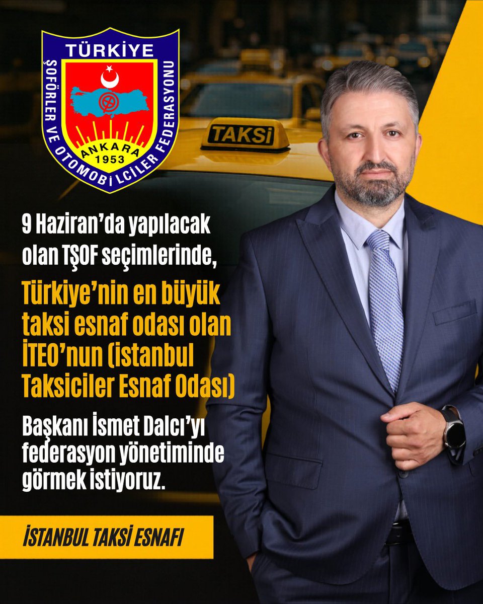 SehrinTaksicisi's tweet photo. Türkiye Şoförler ve Otomobilciler Federasyonu (TŞOF) yeni dönem için seçimli genel kurula gidecek, 
Değerli Başkanımız Mehmet Yiğiner’e Başarılar dilerken yeni TŞOF yönetiminde İstanbul Taksiciler Esnaf Odamızın (İTEO)başkanı Sayın İSMET DALCI’yı da görmekten mutluluk duyacağımızı ifade etmek isterim.
Geçtiğimiz dönem Ankara’da Mehmet Yiğiner başkanımın TŞOF seçimlerini kazanmasıyla büyük bir ivme kazanmış olan sektörümüzde;
İstanbul’un en büyük odası İTEO’da 2026 seçimlerini kazanıp yeni bir sayfa açan,ekibiyle birlikte tüm ezberleri bozan,sahada yaptığı çalışmalarla esnafın beğenisini toplayan,İsmet Dalcı’ya yeni dönemde TŞOF yönetim kadrosunda yer verilmesi biz İstanbul taksi esnafını memnun edecektir.
Takdir sizlerindir.
Saygılarımla,
Başarılar…
@UABakanligi @a_uraloglu 
@akaraismailoglu 
@tsofresmi @istesob 
@mehmetyiginer 
@iteo34 
@ismetDALCI