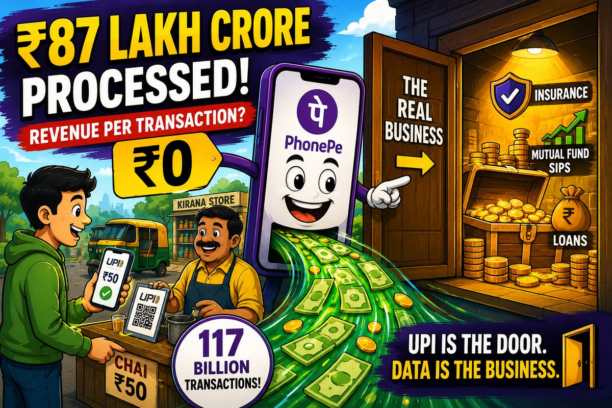 helloswayam's tweet photo. PhonePe processed ₹87 Lakh Crore. Revenue? Zero.
Govt mandated no fees on UPI. 
But every ₹50 chai payment captures your KYC, trust &amp; spending habits.
The real product? Loans. Insurance. SIPs.
UPI isn't just for payments. It's India's most powerful customer acquisition engine. https://t.co/lPiT22hdtH