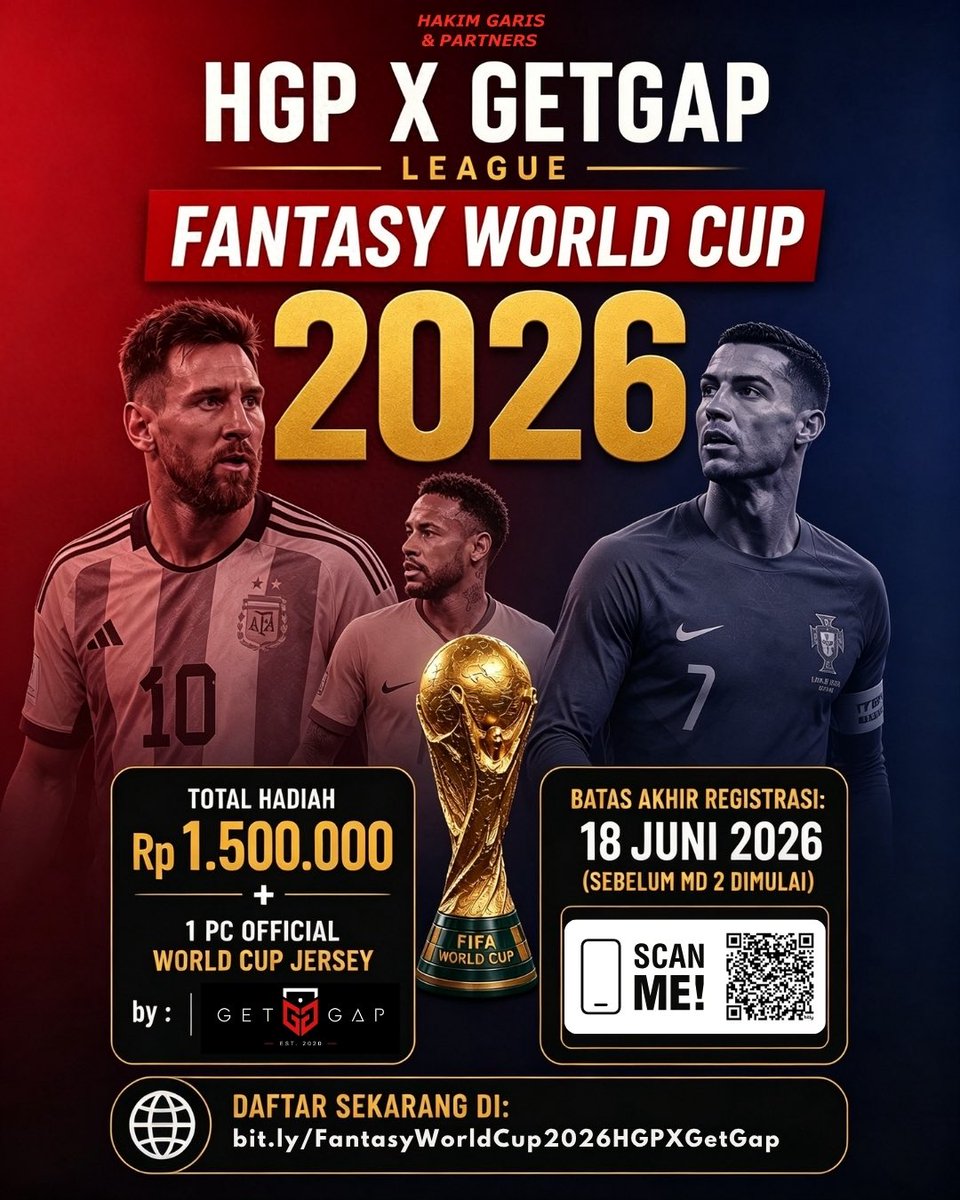 Hakimgaris_HGP's tweet photo. Halo Jon! ayo join Fantasy World Cup 2026 - HGP X GetGap League dan menangkan hadiahnya! 

📋Rules and Registration: 
1. Pendaftaran ditutup sebelum Matchday 2 dimulai (18 Juni 2026).
2. Setiap manager hanya diperbolehkan mendaftarkan 1 (satu) tim. https://t.co/QEYVMoAtpT